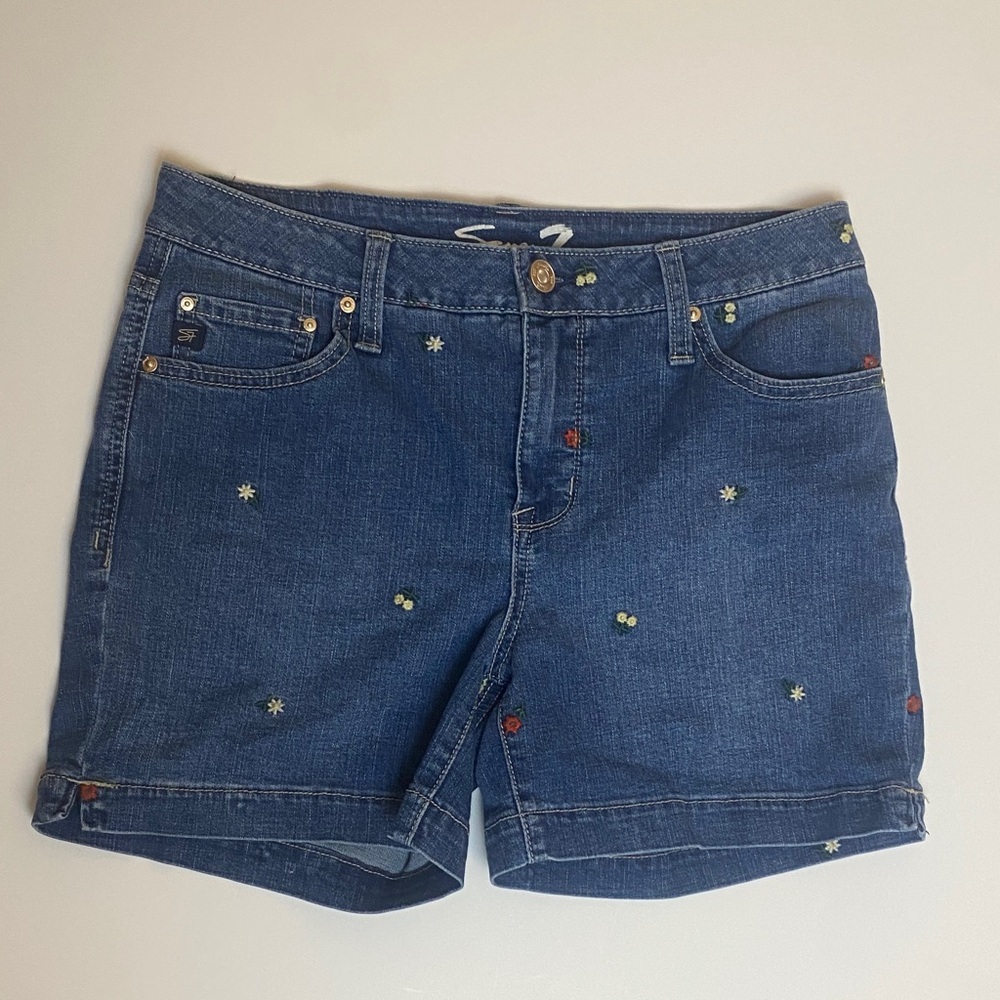 Seven7 Blue Jean Shorts with Floral Embroidery